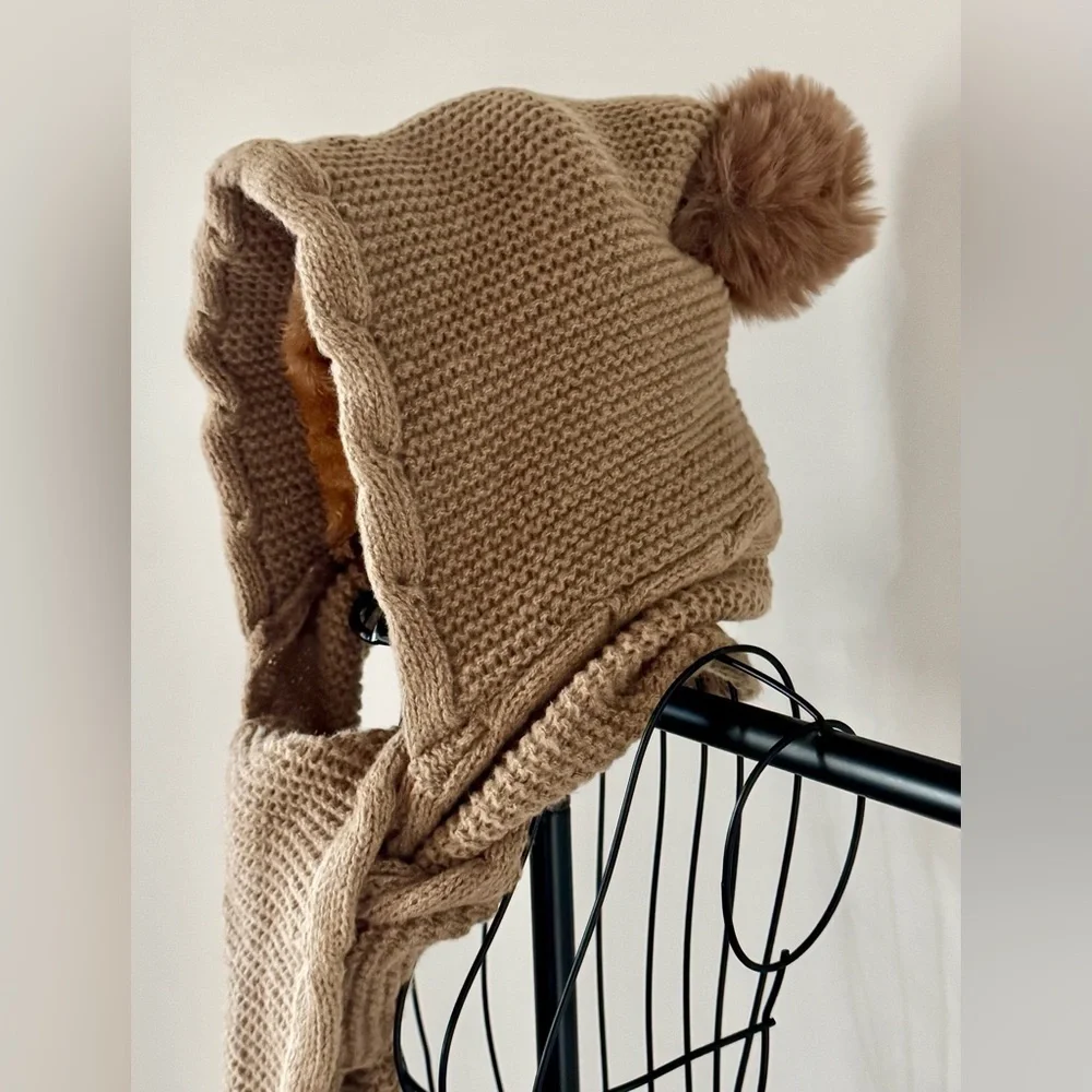 New Cozy Warm Brown Adult Size Cable Knit Hat w/ Scarf & Faux Fur Pom Poms